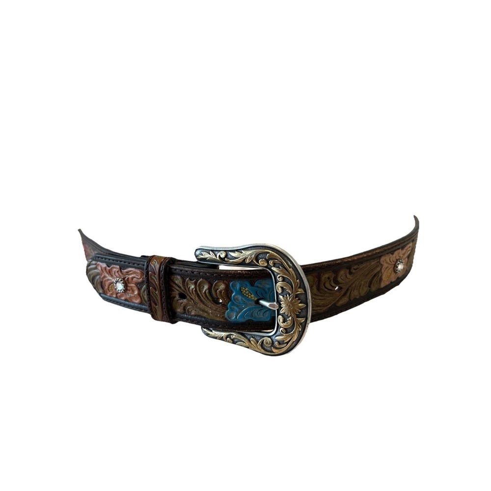 Nocona Womens Floral Tooled Leather Belt Rhinestone Hibiscus Western Brown Large